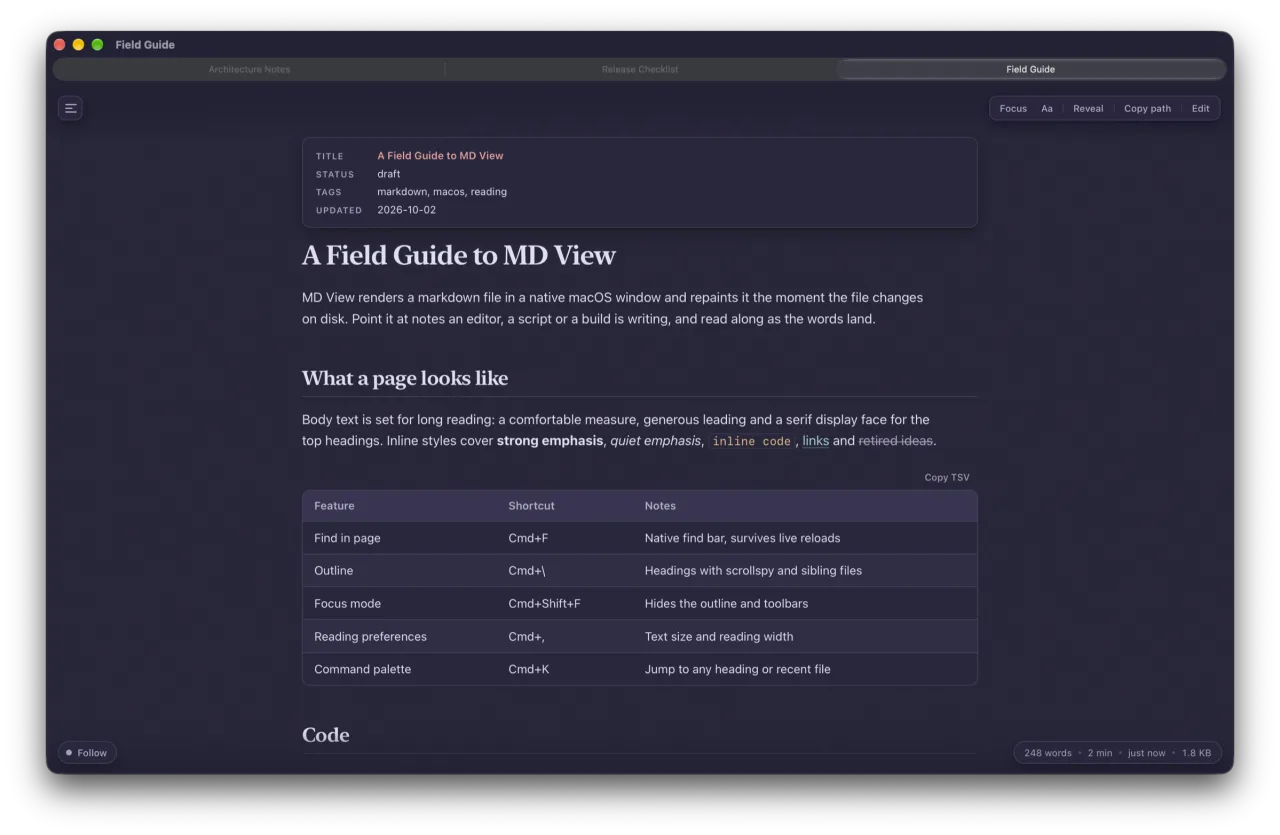 MD View in dark mode with three markdown files open as native tabs