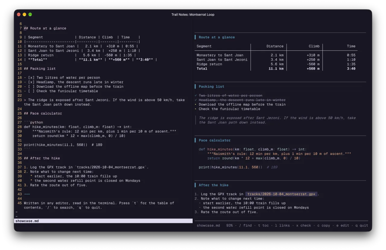 vim editing a markdown file on the left and mdw rendering it live on the right